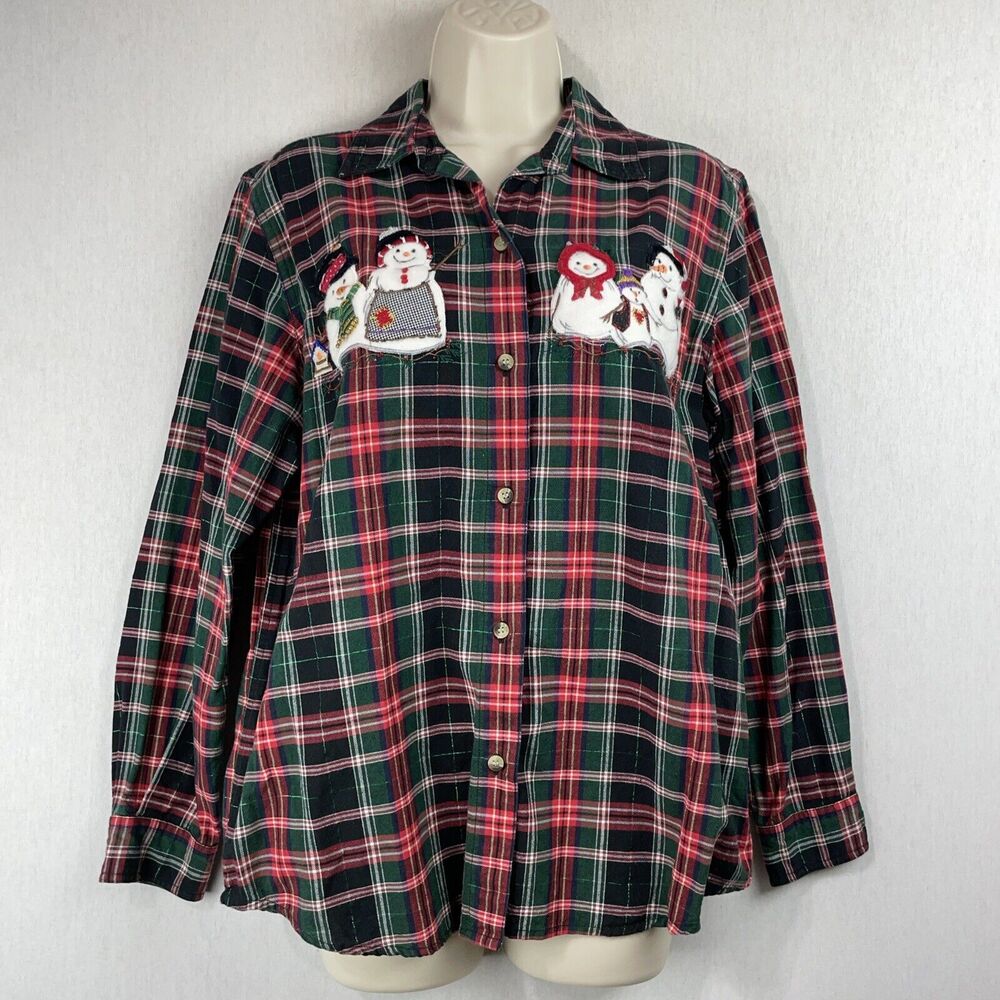 Vintage Victoria Jones Flannel Plaid Shirt Size Medium Snowmen Christmas Winter
